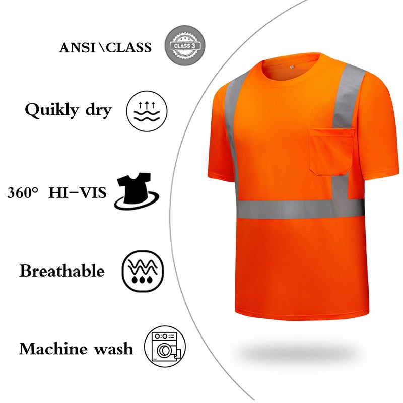 DPSAFETY High Visibility Shirts Quick Dry Safety T Shirts with Reflective Strips and Pocket Short Sleeve Mesh Hi Vis Construction Work Class 2 Shirt for Men/Women Orange,5XL - Image 3